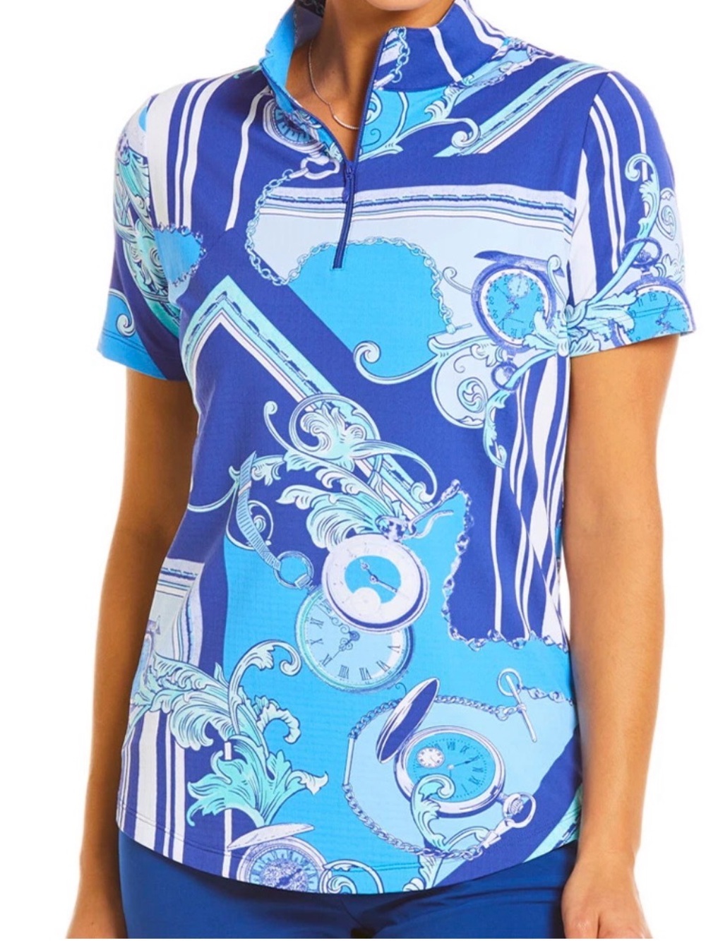 IBKUL Blue and Light Blue Patterned Short-Sleeve Zip Mock Collar Top